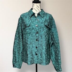 Vintage Coldwater Creek L Turquoise Jacquard Jacket‎ Textured Blazer Retro Artsy
